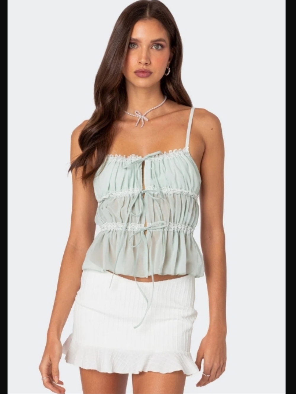 #2 Addy Chiffon Edicted Coquette Fairycore Layering Cami Lace Tank, Ice Mint, XS - Picture 3 of 8